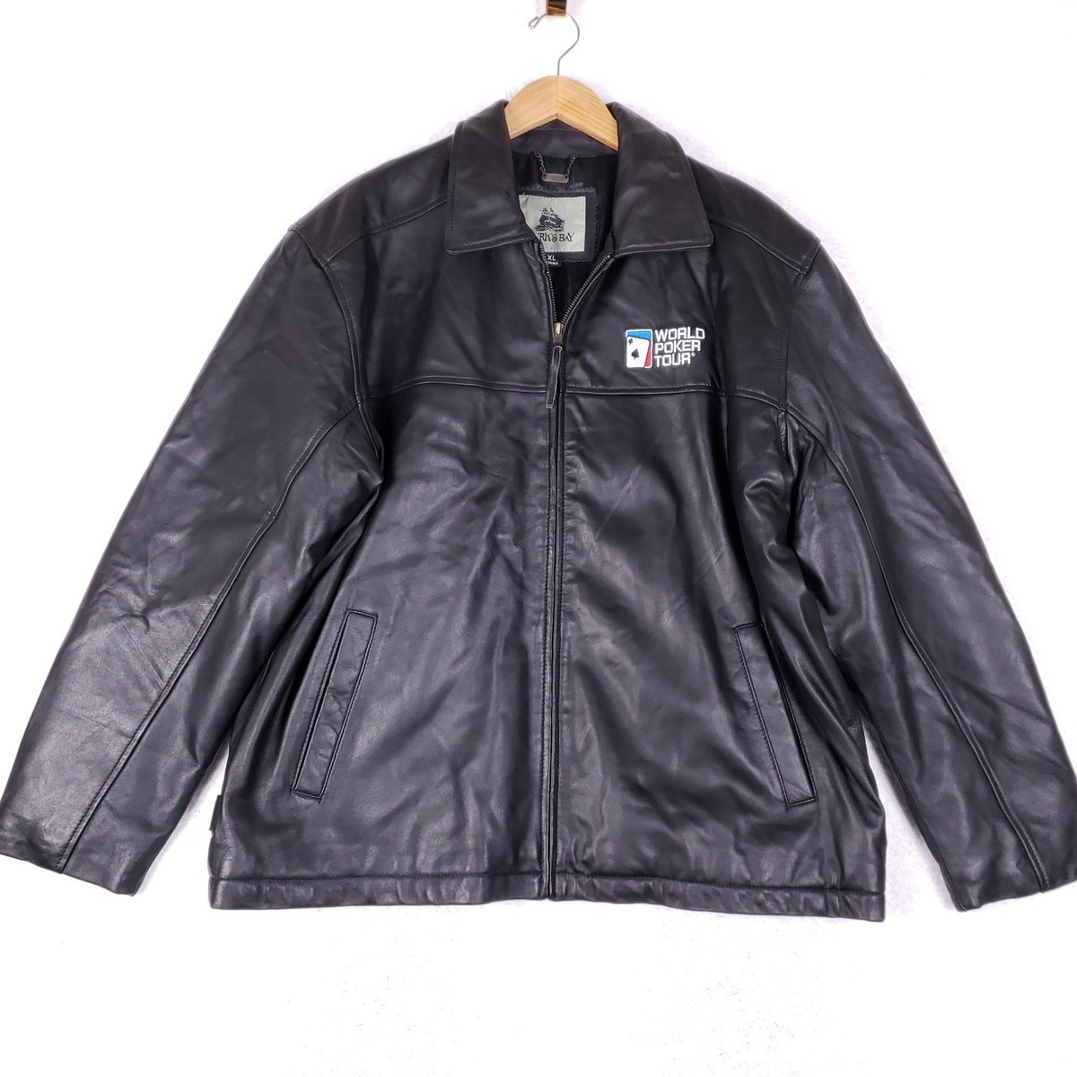 Burks Bay World Poker Tour Jacket Mens XL Black Leather Bomber WPT