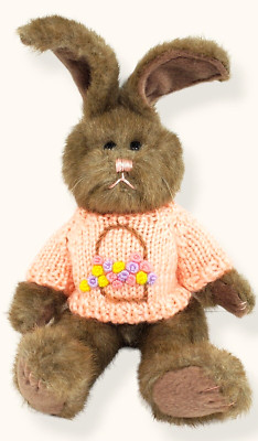 Hug Fun Jointed Bunny Rabbit Peach Sweater w Floral Design Spring Easter 11'' H