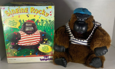 Vintage Toy Wonders Singing Rocky Gorilla With Striped Shirt & Blue Hat