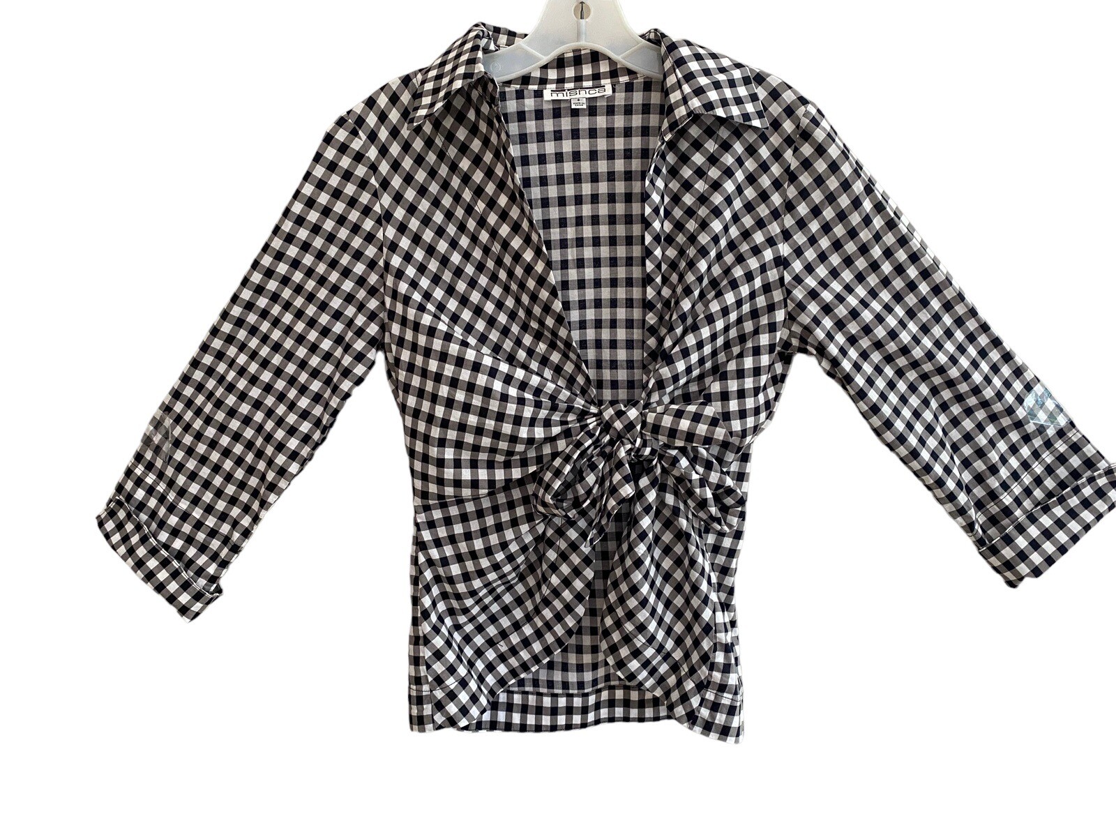 Mischa Tie Front Gingham Black/white 3/4 Sleeve Top S
