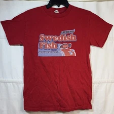 VTG Red Swedish Fish Adult Small Graphic T-Shirt Retro Candy Logo Script EUC