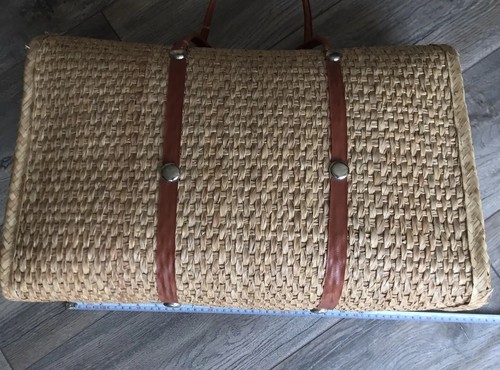 Vtg 60s Straw Beach Bag Tote Woven XL Rattan Flowers Mexico Shopper Retro GoGo - Picture 4 of 12