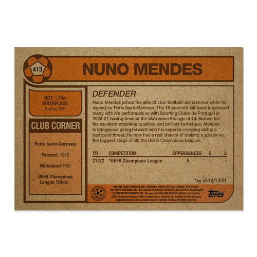 Topps UCL Living Set - Card 413 - Nuno Mendes - Paris Saint-Germain - Picture 2 of 2