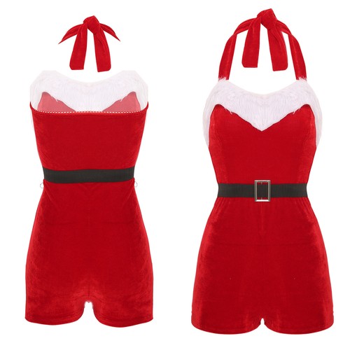 Womens Costume Bodycon Jumpsuit Miss Claus Bodysuit Corset Unitard Santa Sexy - Picture 2 of 26