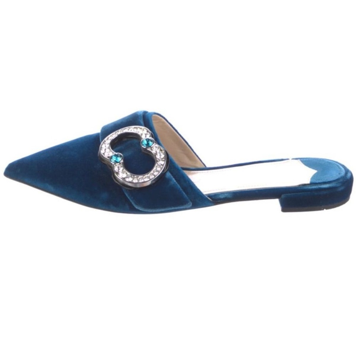 靴 PRADA Velvet Mules Prada Blue Velvet Pointed Toe Mules with Crystal Embellishments