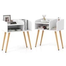 2-Tier Bedside Table End Table (Set of 2) w/Metal Support Legs-White