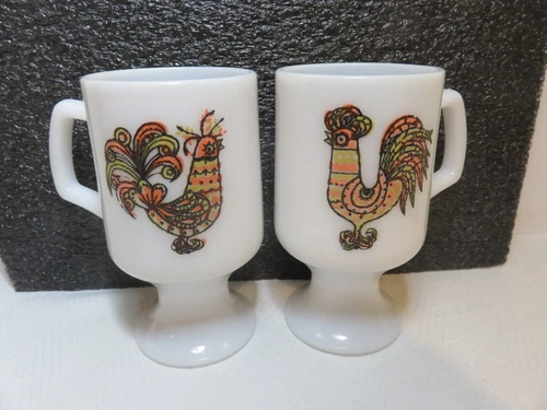 Vintage pair of funky  rooster milk glass pedestal coffee mugs