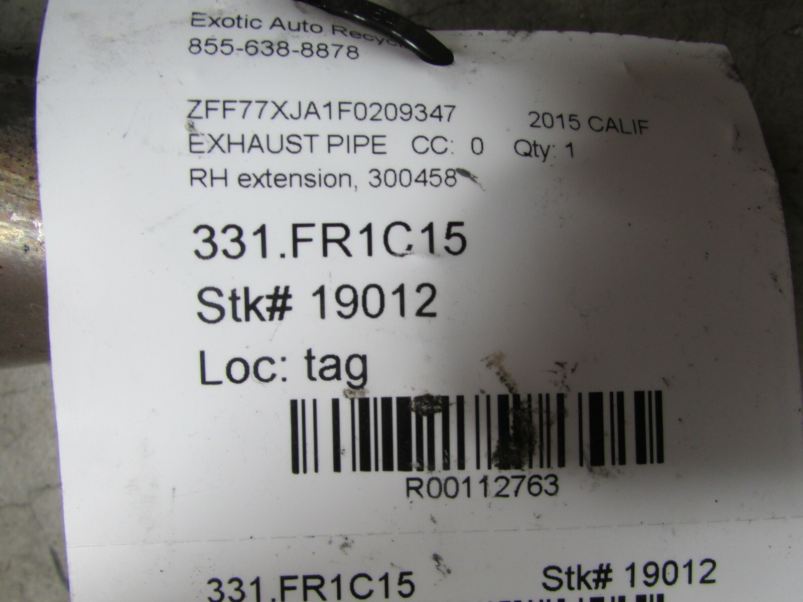 Ferrari California T, RH, Right Exhaust Pipe, Used, P/N 300458