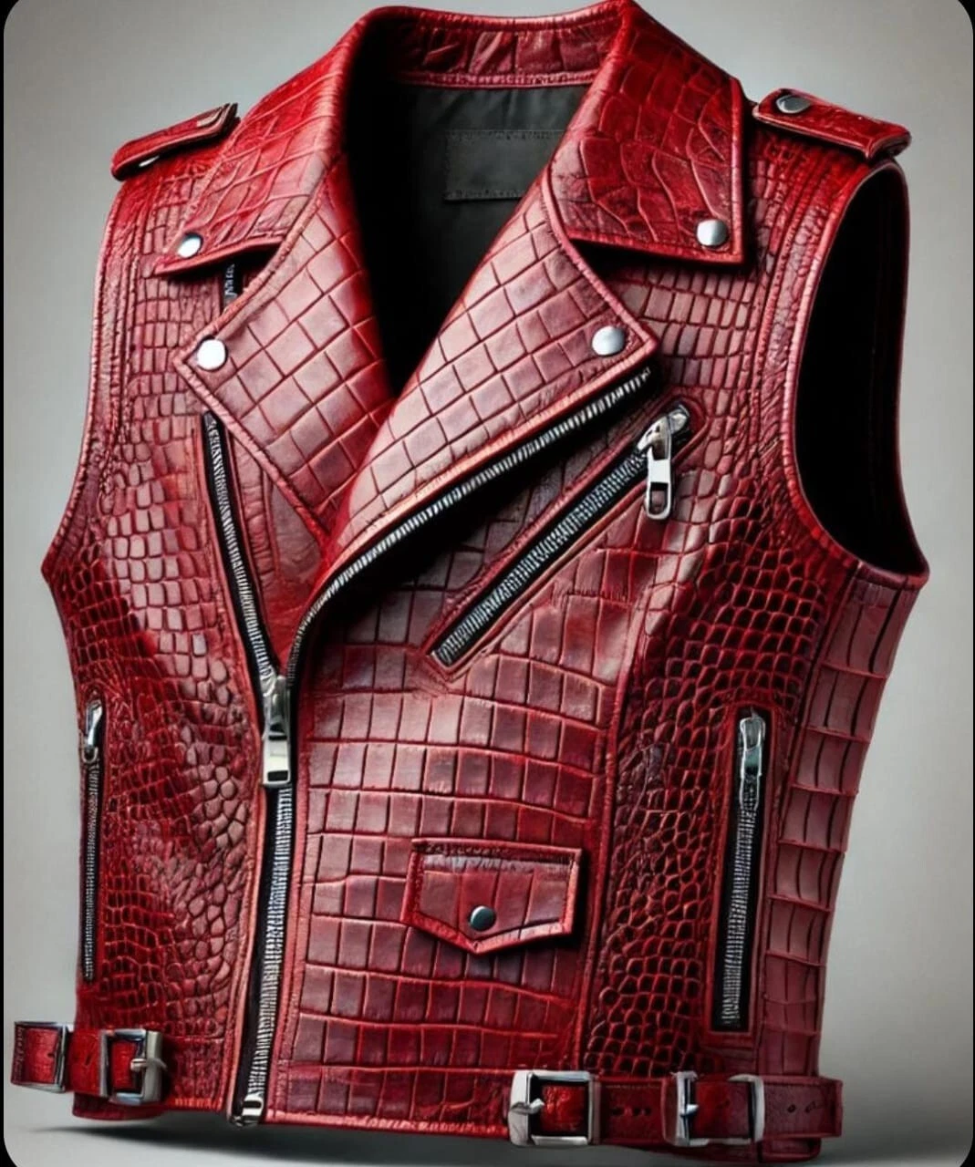 Mens Crocodile Embossed Genuine Cowhide Leather Biker Red Vest Coat