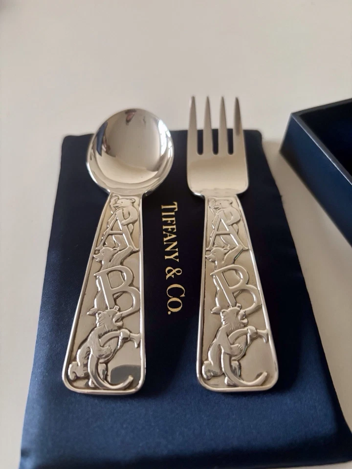 TIFFANY & Co Sterling Silver 925 Baby Child Fork Spoon Set Teddy Bear ABC Cased - Image 4 of 4