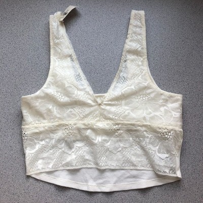 NWT Aerie Ribbed Floral Lace Bralette Women Medium Ivory Longline Lingerie Top