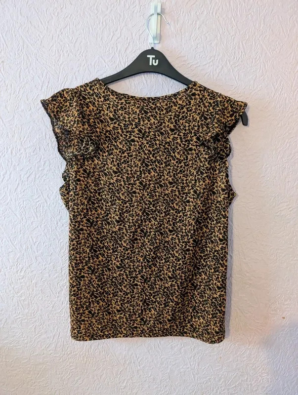Roman Brown Black Animal Print Ruffle Blouse Top UK 14 Smart Casual image 4
