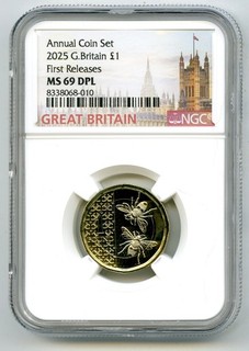 2025 1£ GRAN BRETAÑA LIBRA UNC NGC MS69 DPL DOS ABEJAS PRIMEROS LANZAMIENTOS EXCELENTE CALIDAD