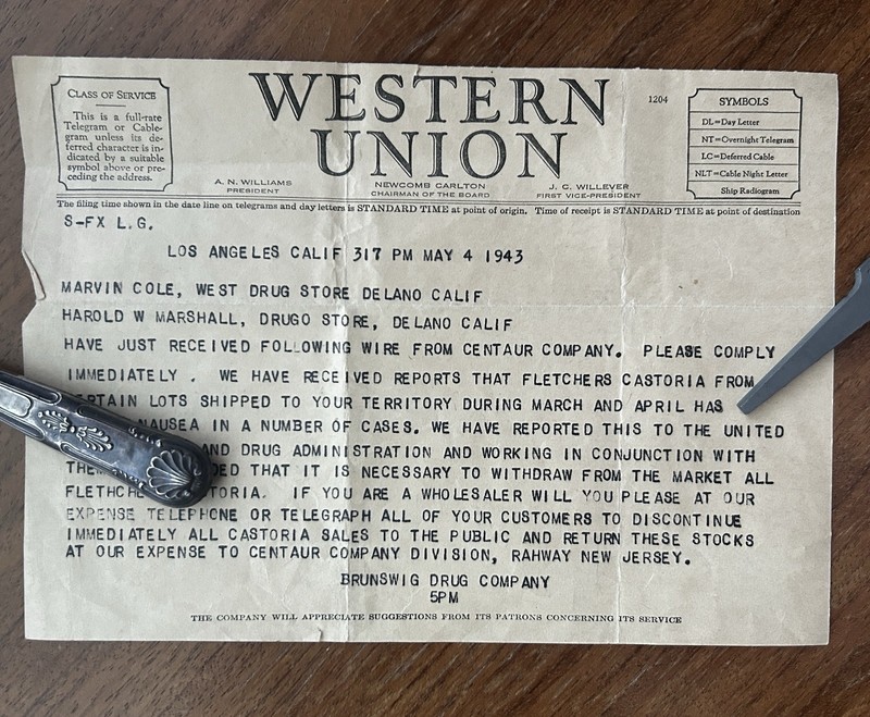 1943 Western Union FDA Fletcher’s Castoria Poison Drug Co. Recall WWII Telegram