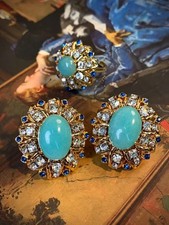 Turquoise Blue Crystal Earrings & Ring Gold Statement Stud Vintage Style