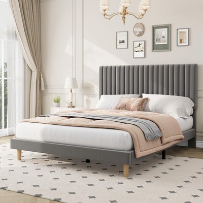 Queen Size Platform Bed Frame Upholstered Bed with Adjustable Height Headboard