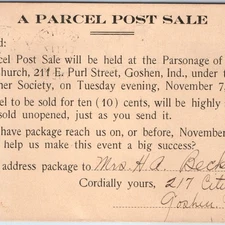 c1916 Goshen, IN Lutheran Church Parcel Post Sale Notice Event Society Mail A24