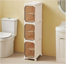3-Tier Slim Plastic Storage Cabinet with Doors & Wheels for Bathroom, Kitchen