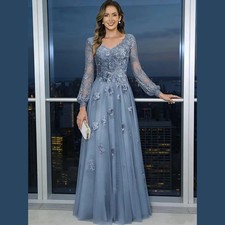 Customized Women's Long Sleeve Mother of The Bride Dresses V Neck Lace Appliques