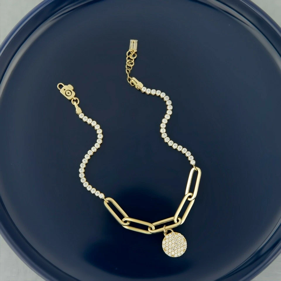 Clip Circonita Cúbica Mediano Redondo Pulsera Real 14k Oro Amarillo Hasta 19.1cm - Imagen 3 de 4