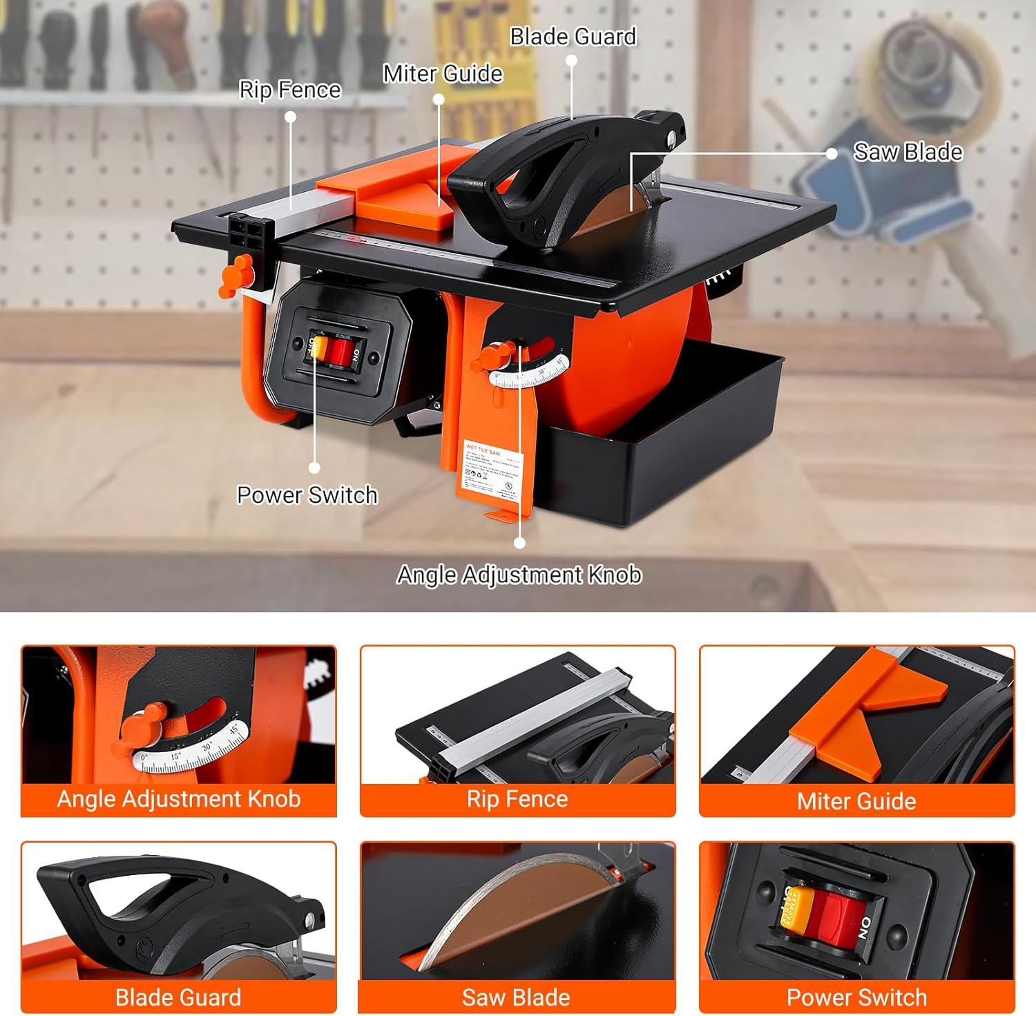 7 Inch Wet Tile Saw, 3450 RPM, Bevel Cuts Tile from 0 to 45 Degrees, Tile Cutter