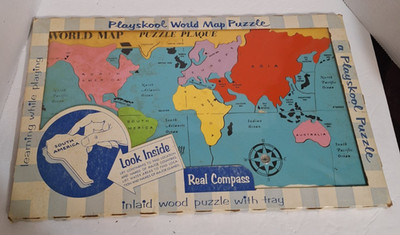 Vintage 1960 s Playskool World Map Wood Puzzle w/ Compass 25 Pieces In Box #780