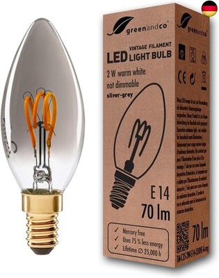 Vintage Glühfaden LED Kerze | silbergrau | E14 C35 | 2W 70lm | 1800K extra warmw