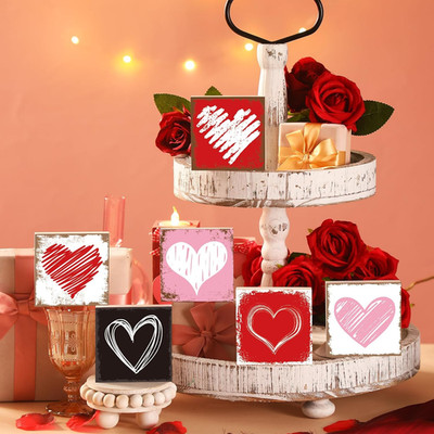 6 Pcs Valentines Tiered Tray Decor Set Wood Heart Standing Blocks Decor Farmhous