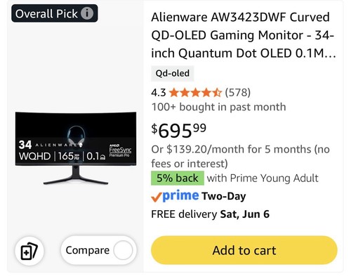 Alienware AW3423DWF 34" Curved OLED Gaming Monitor 3440x1440 165Hz ...