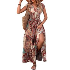 Women's Printed Boho Maxi Dress V-Neck Flowy Beach Vacation Dress