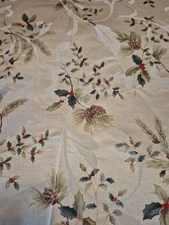 Christmas Winter Pine Branches Off White Jacquard Fabric Tablecloth Round 66" 