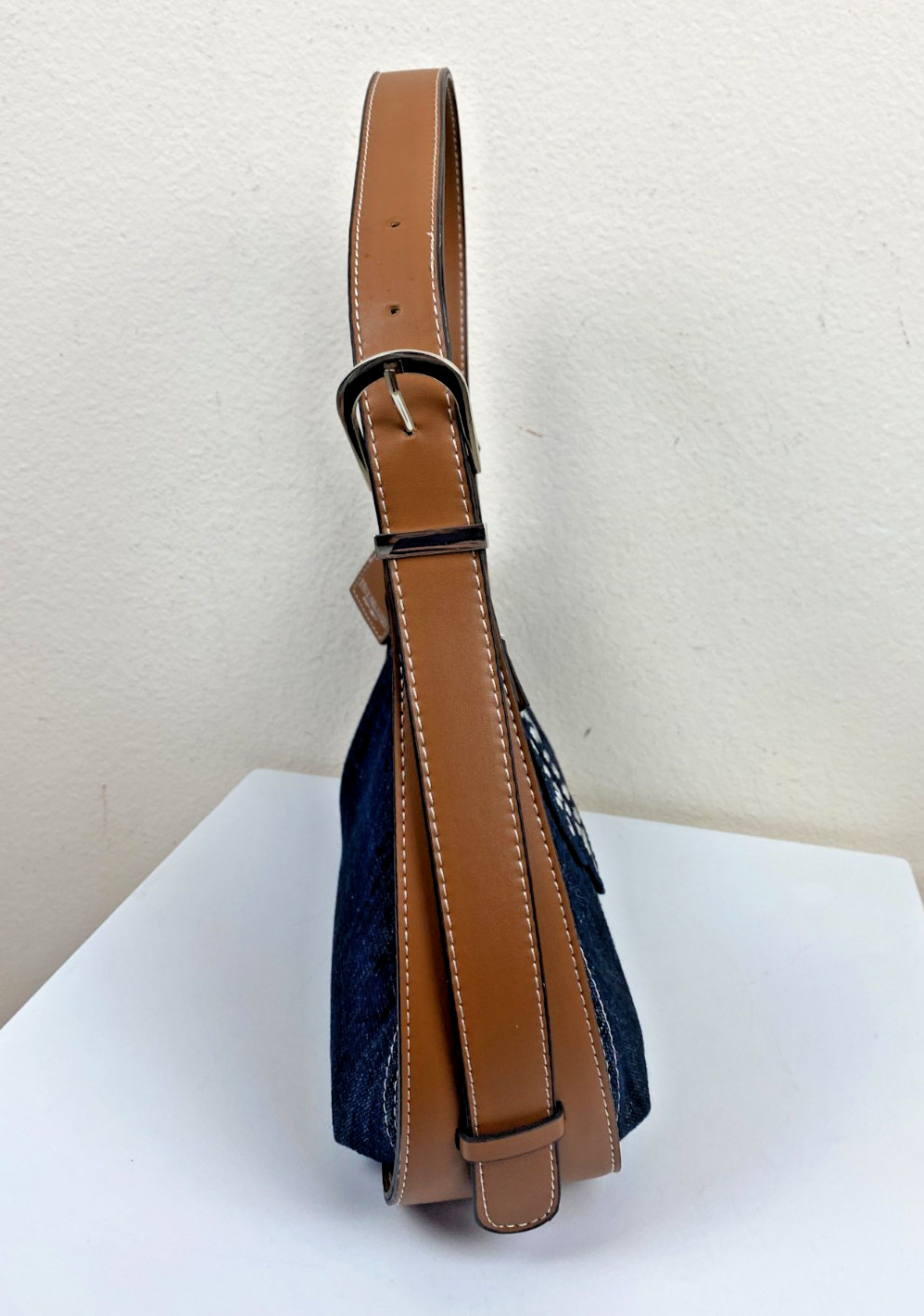 New TRUE RELIGION Blue Denim Raised Horseshoe Hobo Shoulder Bag Studds 14" x 9" thumbnail 7