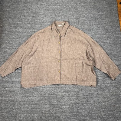 J Jill Linen Jacket Women Large Brown Oversized Lagenlook 90s Patch Pockets