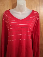 Catherines Womens Pullover Top Red Silver Studs Sparkly Cotton 2X 22W 24W