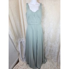 Azazie Sage Green Pleated Chiffon A-Line Bridesmaid Formal Dress Size A8 V-Back