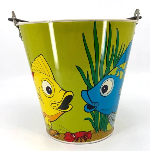 VTG 1970s OHIO ART Tin Litho Sand Pail Toy Anthropomorphic Colorful Fish Lobster