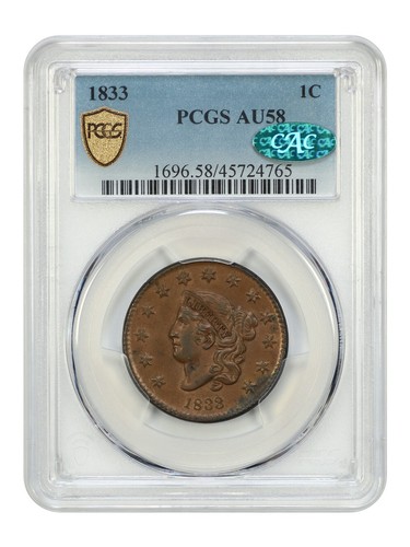 1833 1C PCGS/CAC AU58 - Coronet Head Cent - Fantastic Quality