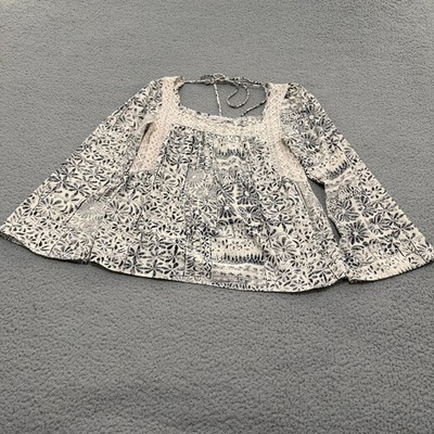Moa Moa Blouse Womens Medium Boho Crochet Lace Bell Sleeve Tie Back Cream