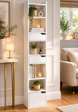 Modern White Bookcase Tall Narrow Display Cabinet Wood Drawer Slim Shelf Unit