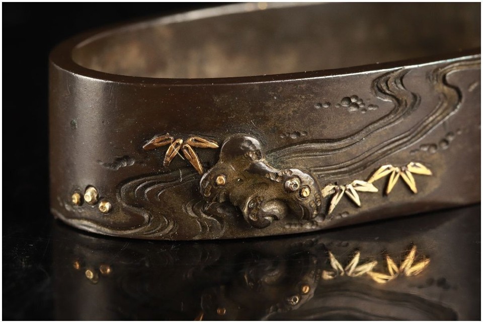 Edo period Japan antique iron Demon Oni Fuchi Kashira signed by Iwamoto