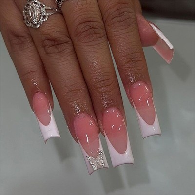 24pcs Long Square Press on French Tip False 3D Bows Designs For Women