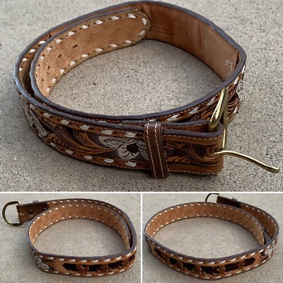 Vintage Nocona Tooled Leather Belt Kona Kut 32 Western Cowboy Rodeo w/ Blue Bayo Vintage Nocona Tooled Leather Belt Kona Kut 32 Western  main image 3
