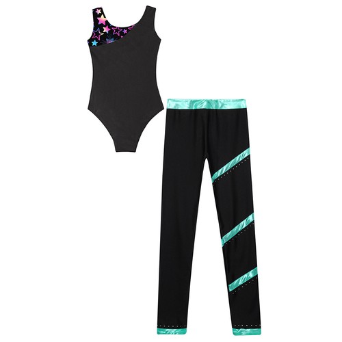 Kids Girls Set Trousers Leotard Mesh Outfit Metallic Hoodie Gymnastics Pants - Picture 58 of 62