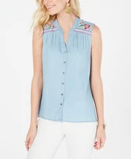 Style & Co. Women's Embroidered Sleeveless Button-Up Top, Light Blue, Large L