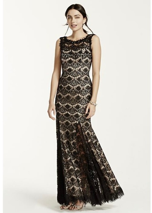 Betsy Adams Sleeveless Floral Victorian All Over Lace Beaded Jeweled Gown