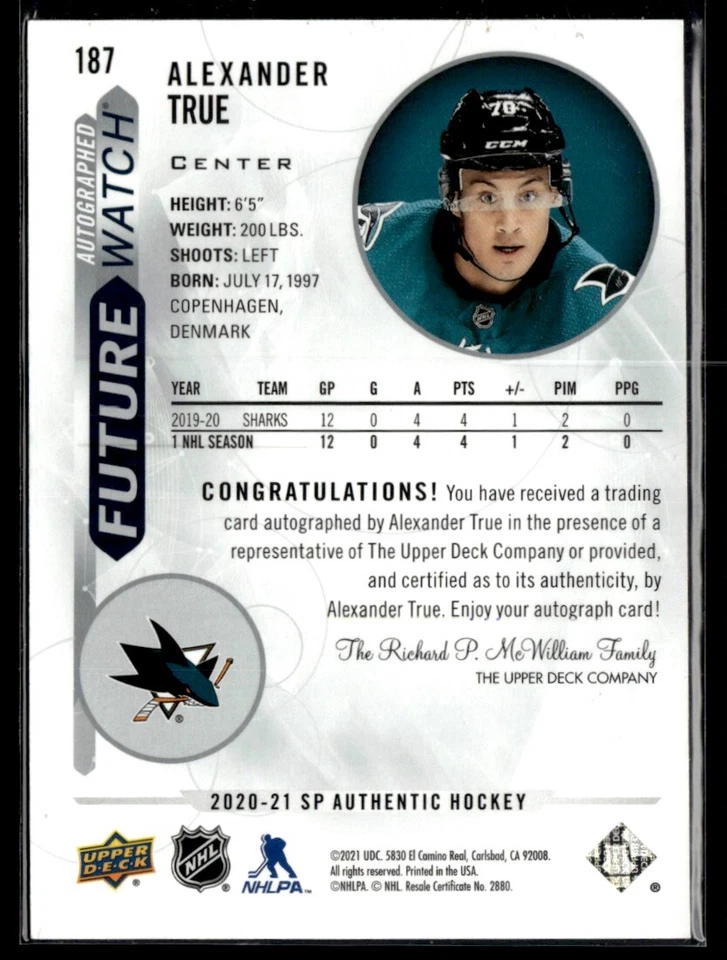 2020-21 Sp Authentic future watch auto Alexander True 475/999 #187 SM@JFC1 - Image 2 of 2