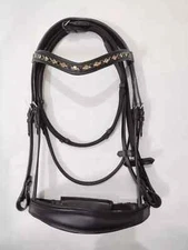 Dressage Leather Bridle Golden & Black Crystal Browband With Padding Free Ship
