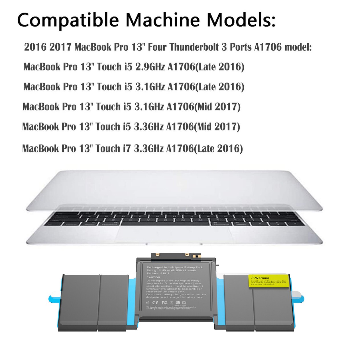 Batteria Per MacBook Pro 13 A1706 E A1819 (2016-2017) - 49.2Wh - Ricambio Compatibile Con Modelli Thunderbolt 3 - Foto 11