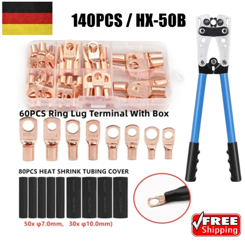 140X Rohrkabelschuhe Sortiment Ringösen Ringzungen Kabelschuhe Ring Zange Set - Bild 1 von 14