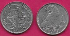 BELGIUM 1 FRANC 1939 XF BELGIQUE-BELGIE LEGEND IN FRENCH,SEATED LION,RIG